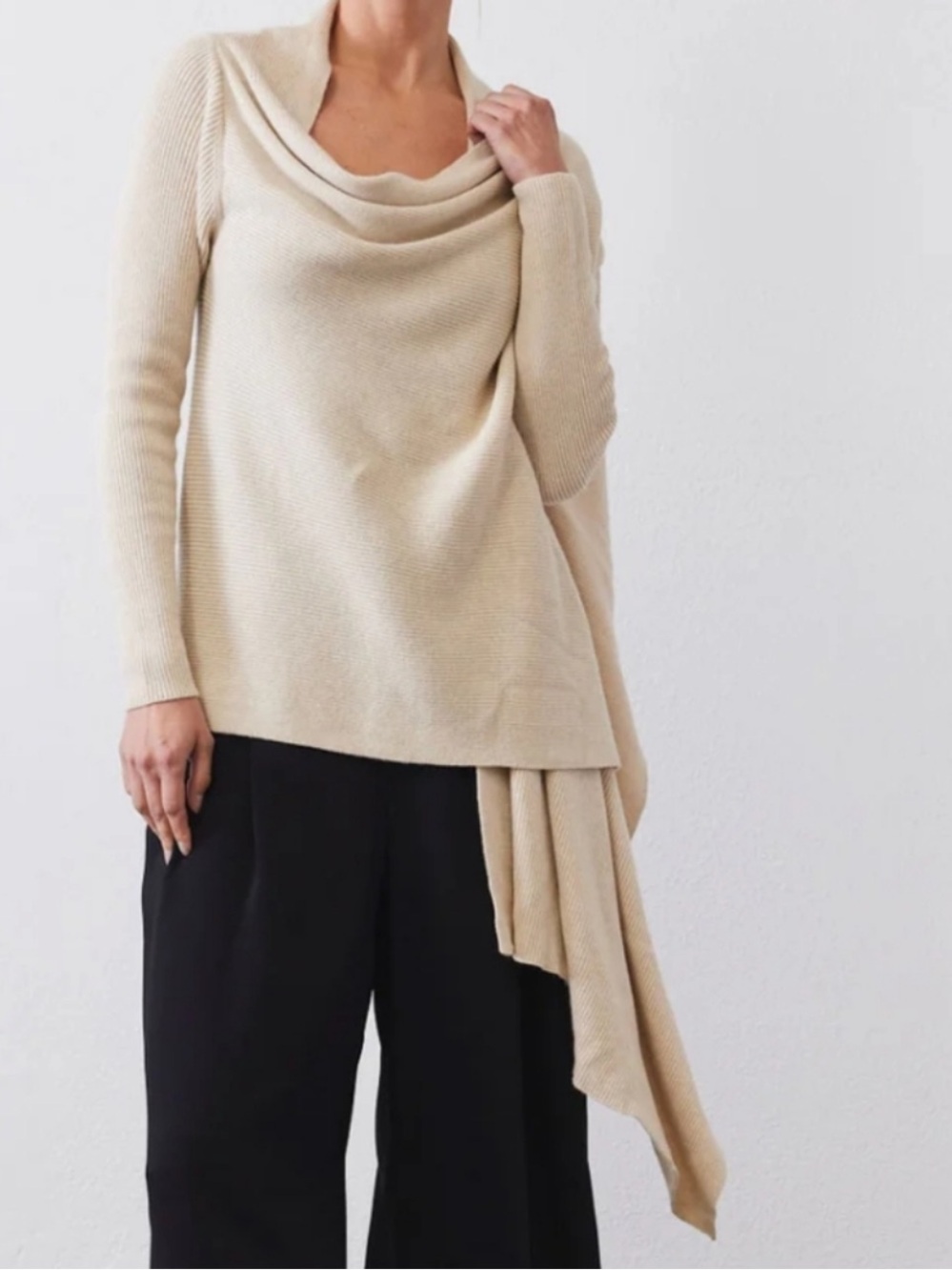 Ruti Haven Wrap Merino Wool Cashmere Ribbed Draped Cardigan Sandpiper